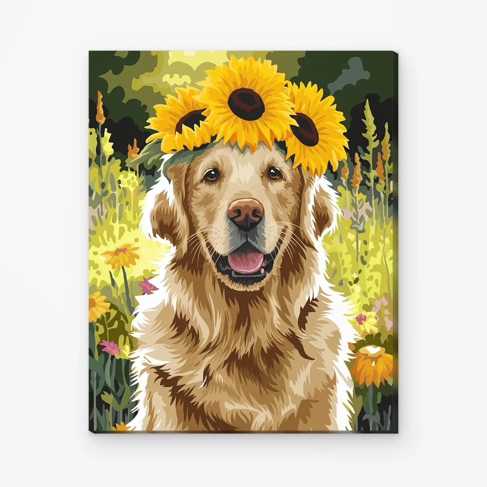 Pintar por Números - Golden retriever con corona de girasoles