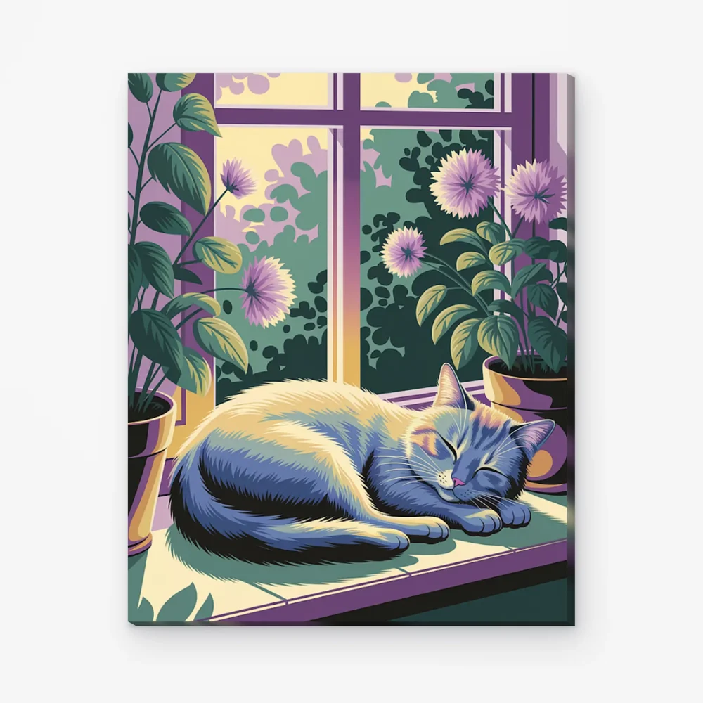 Pintar por Números - Lindo gato dormido en un alféizar con plantas