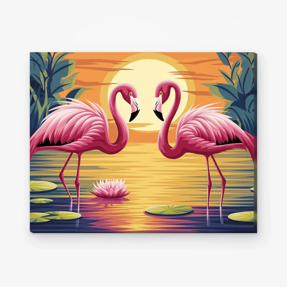 Pintar por Números - Vibrantes flamencos vadeando un estanque