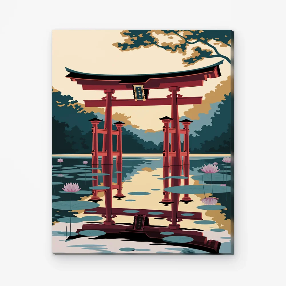 Pintar por Números - Puerta torii japonesa en un tranquilo estanque
