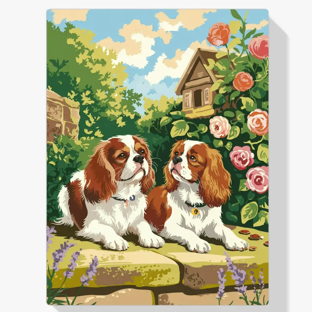 Pintar por Números - Dulces Cavaliers en un abrazo floral