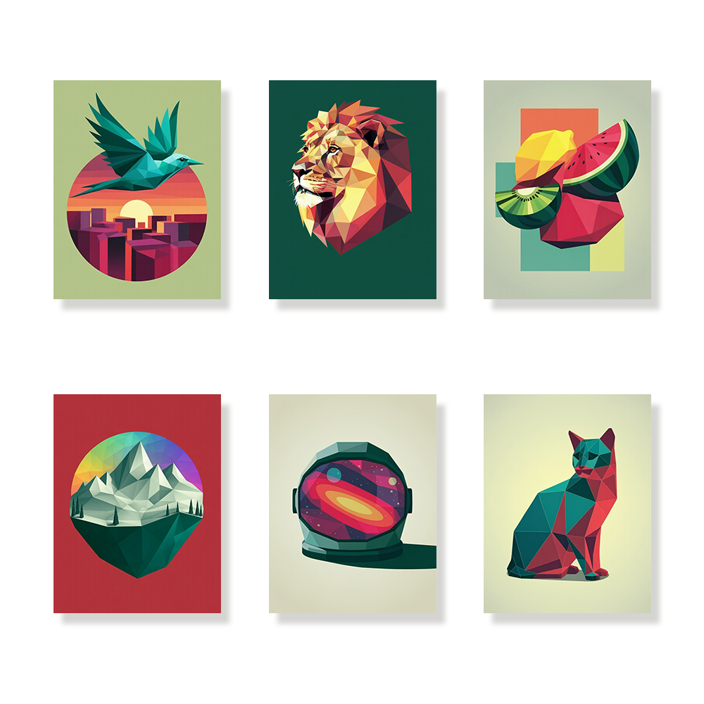 Pintar por números - 6 mini pinturas | Conjunto de Pósters de Arte Poligonal