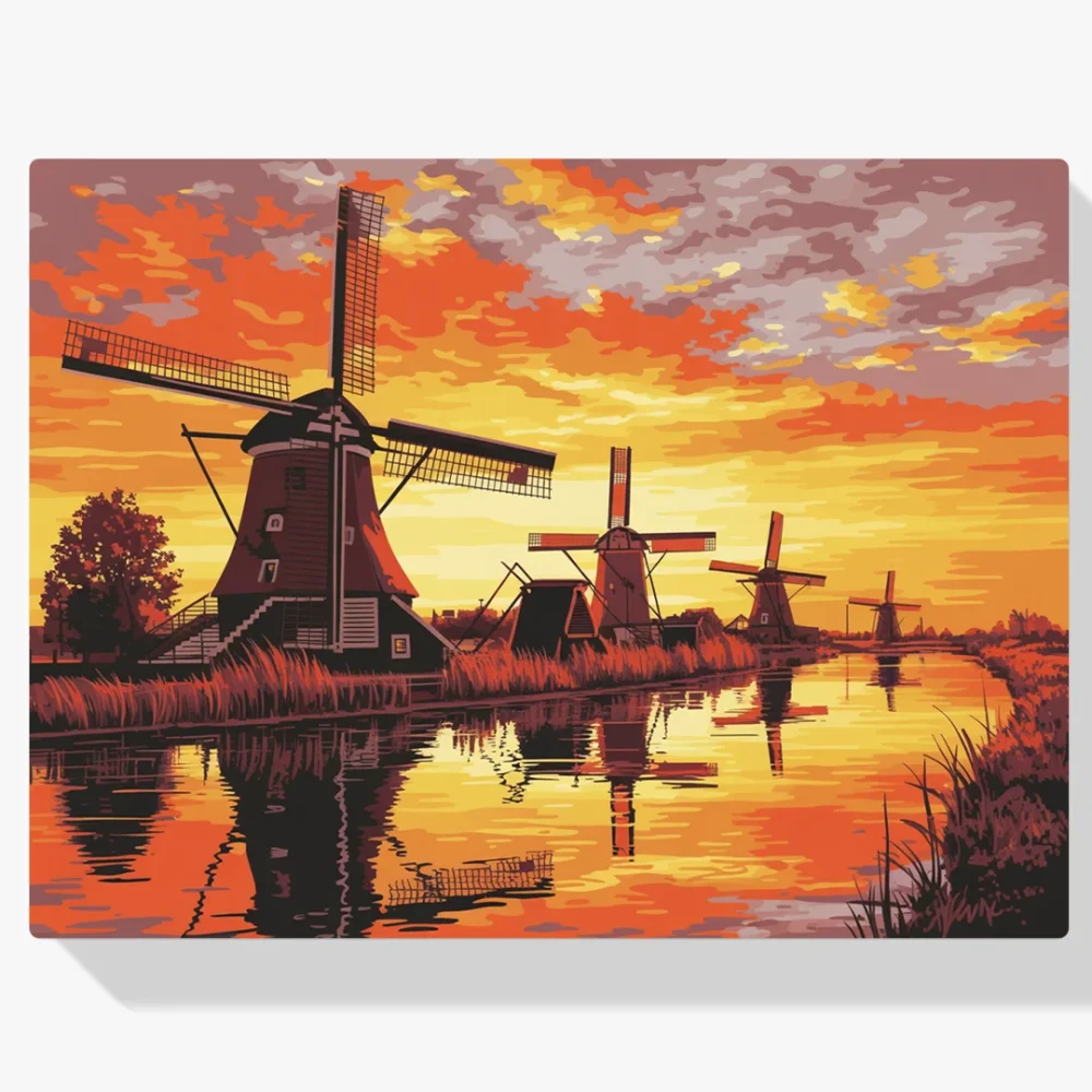 Pintar por Números - Puesta de sol en los molinos de Kinderdijk