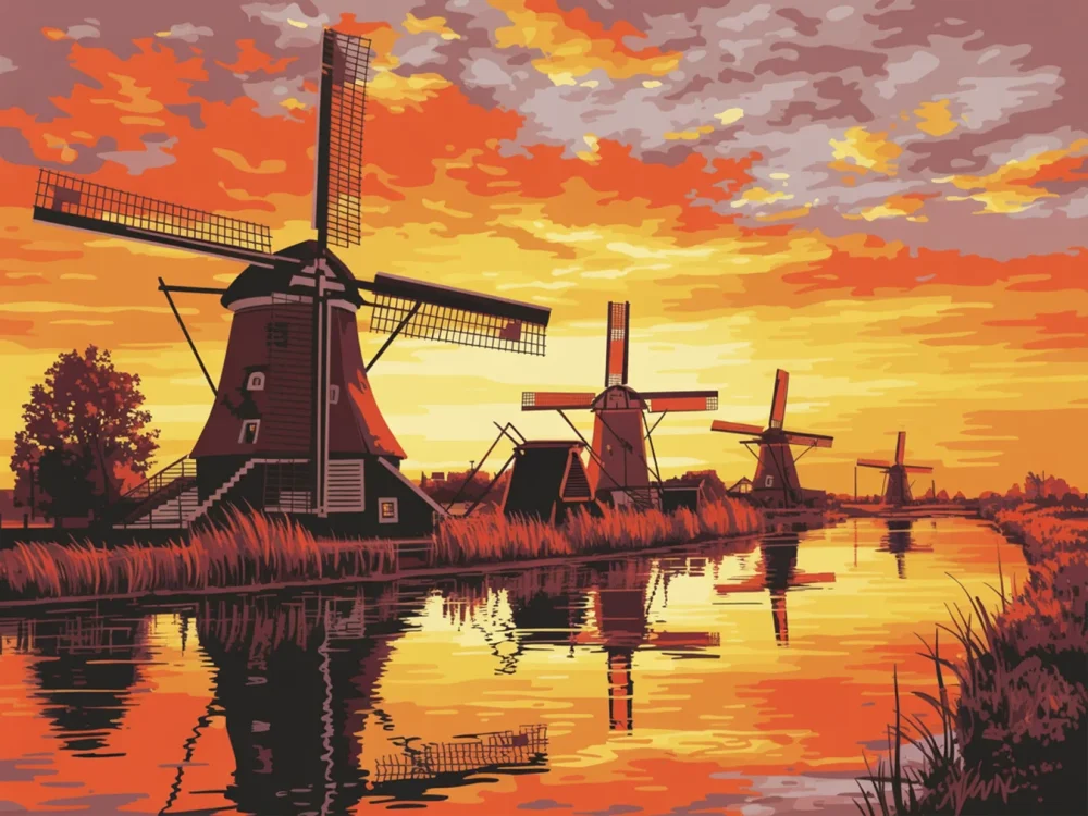 Pintar por Números - Puesta de sol en los molinos de Kinderdijk, foto 2