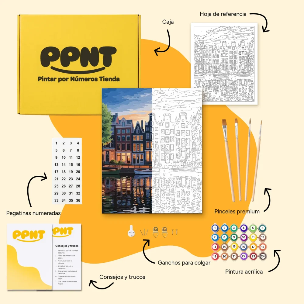 Pintar por Números - Casas del canal de Ámsterdam al atardecer