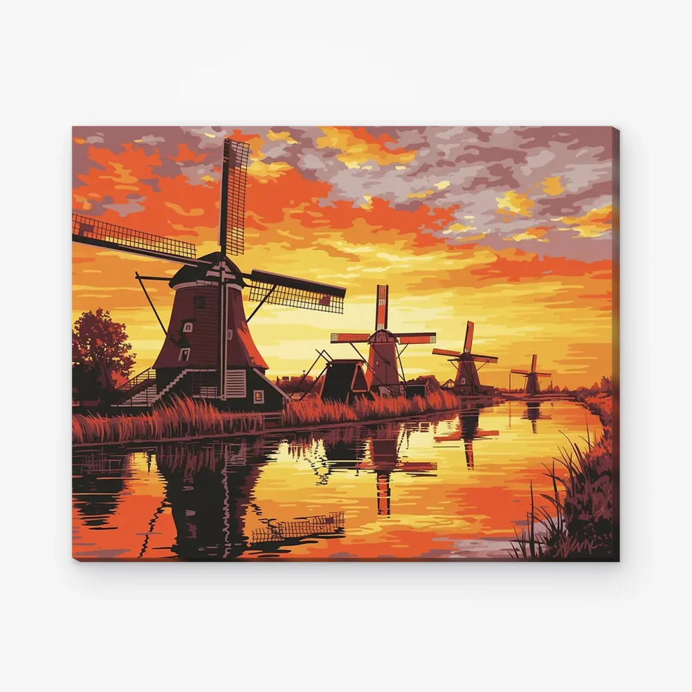 Pintar por Números - Puesta de sol en los molinos de Kinderdijk