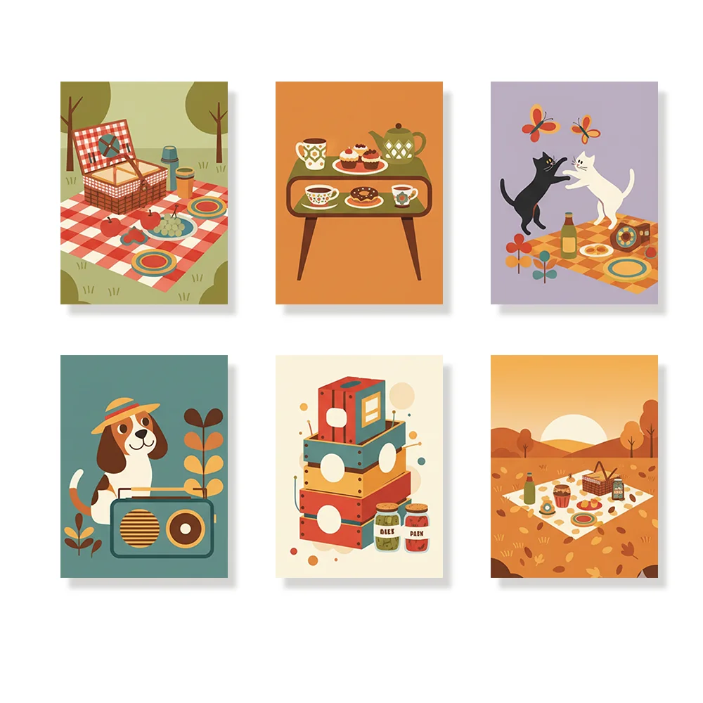 Pintar por números - 6 mini pinturas | Ambiente retro de picnic