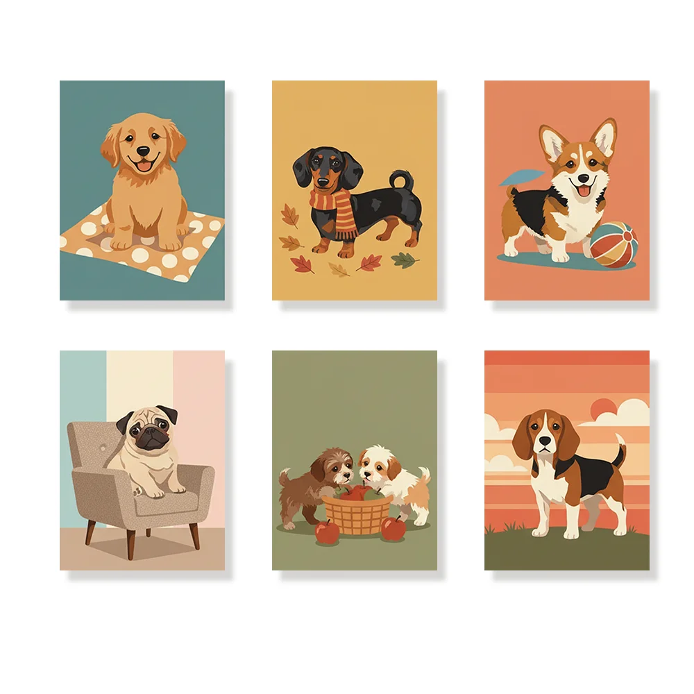 Pintar por números - 6 mini pinturas | Días retro de perros