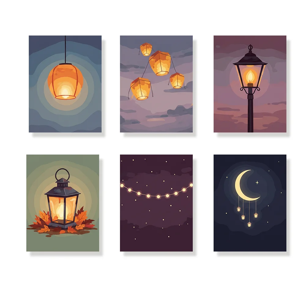 Pintar por números - 6 mini pinturas | Faroles en el crepúsculo