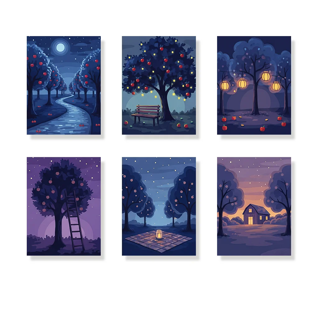 Pintar por números - 6 mini pinturas | Noche de estrellas en el huerto