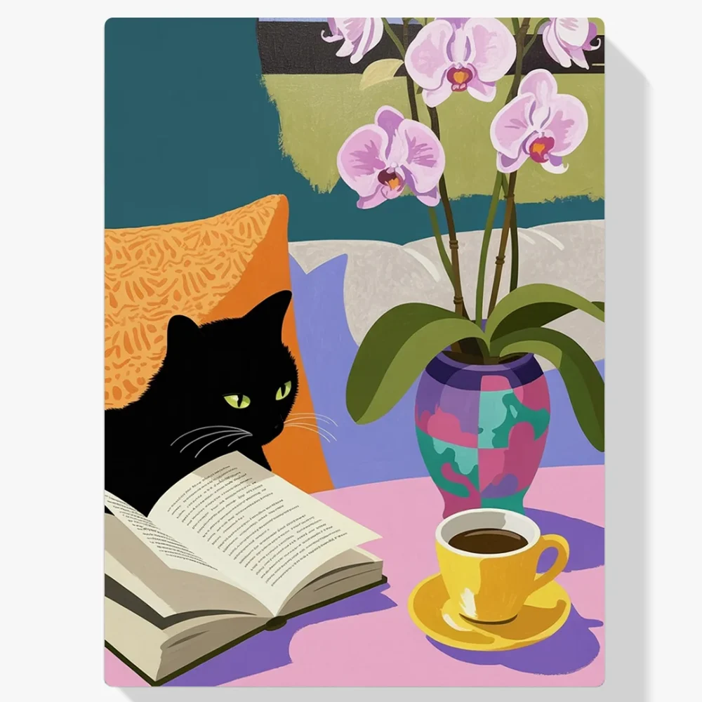 Pintar por Números - Acogedor gato negro leyendo un libro