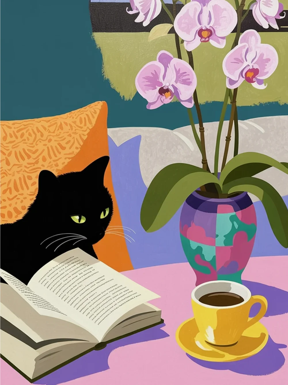 Pintar por Números - Acogedor gato negro leyendo un libro, foto 2