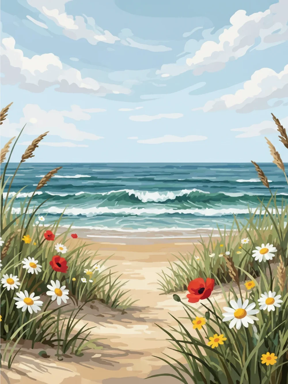Pintar por Números - Campo de flores silvestres en la playa costera, foto 2