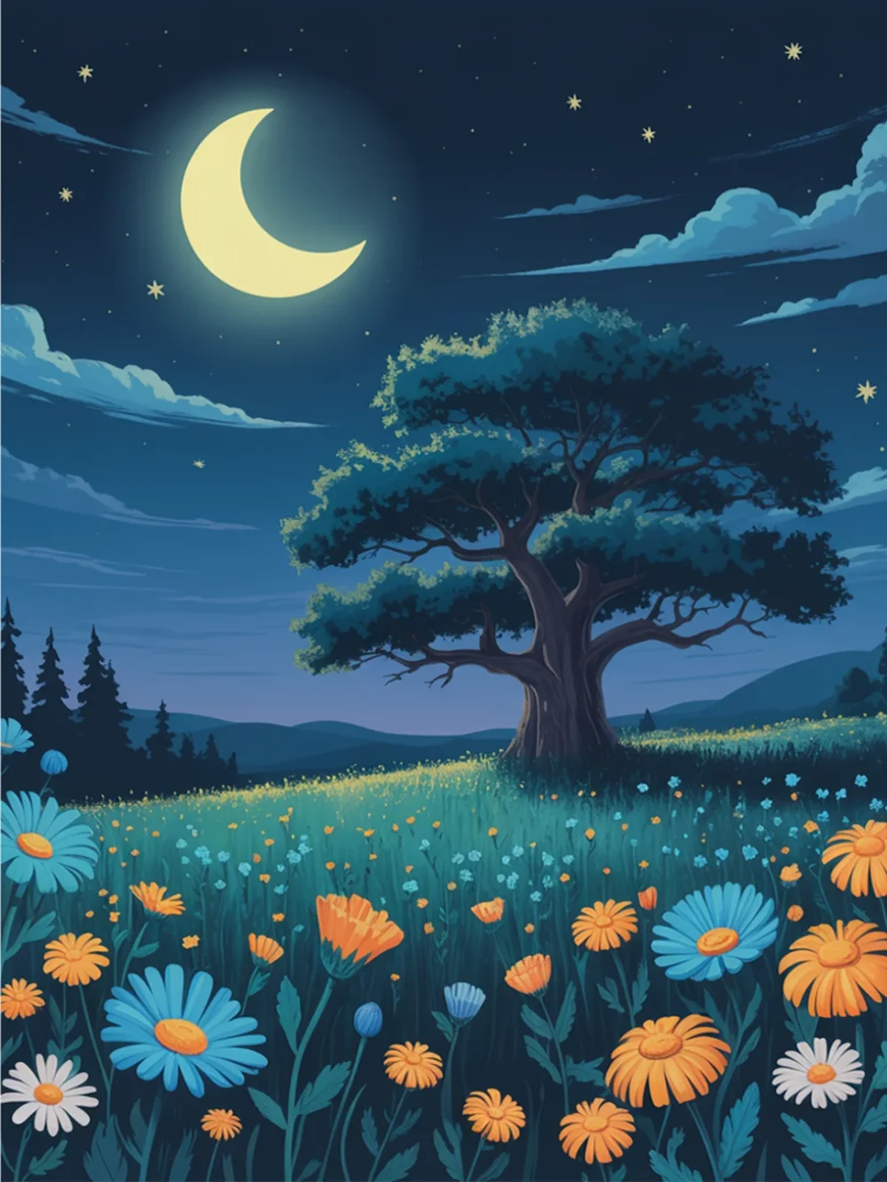 Pintar por Números - Noche encantada de luna y flores silvestres, foto 2