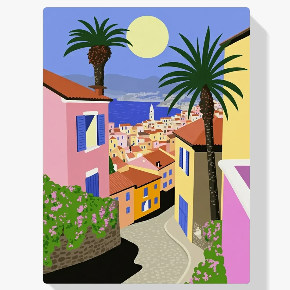 Pintar por Números - Paisaje de casas y plantas vibrantes y coloridas