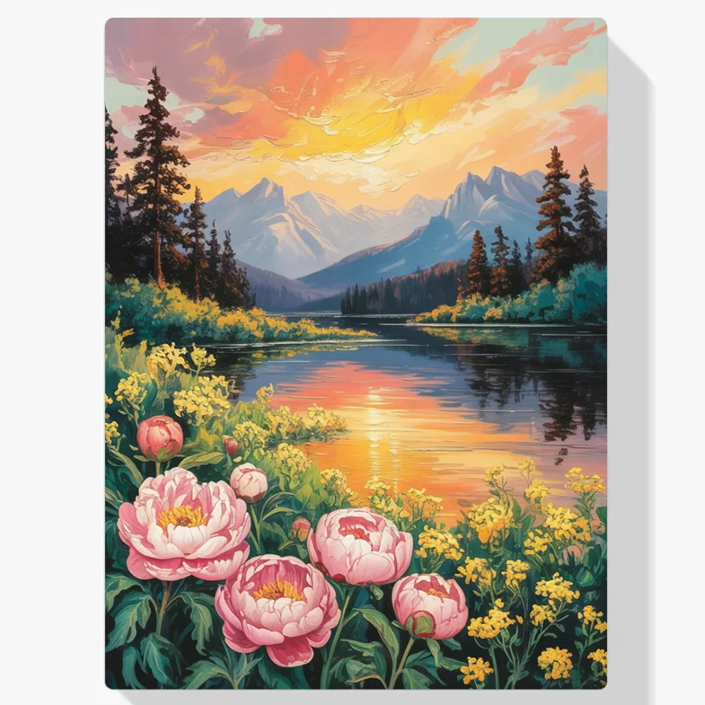 Pintar por Números - Paisaje de lago con flores silvestres de montaña