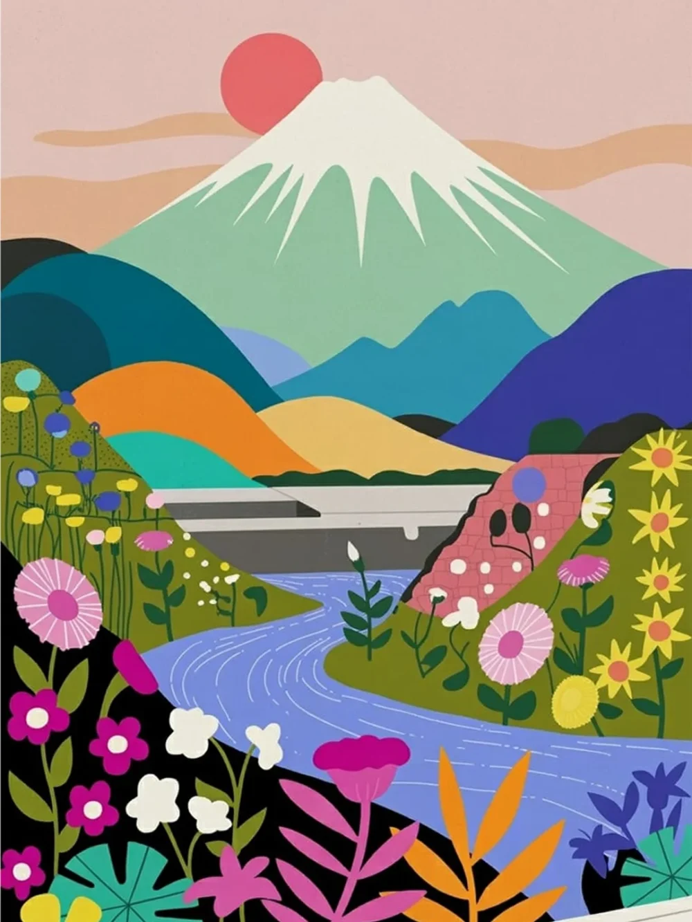 Pintar por Números - Paisaje de lago con flores silvestres de montaña, foto 2