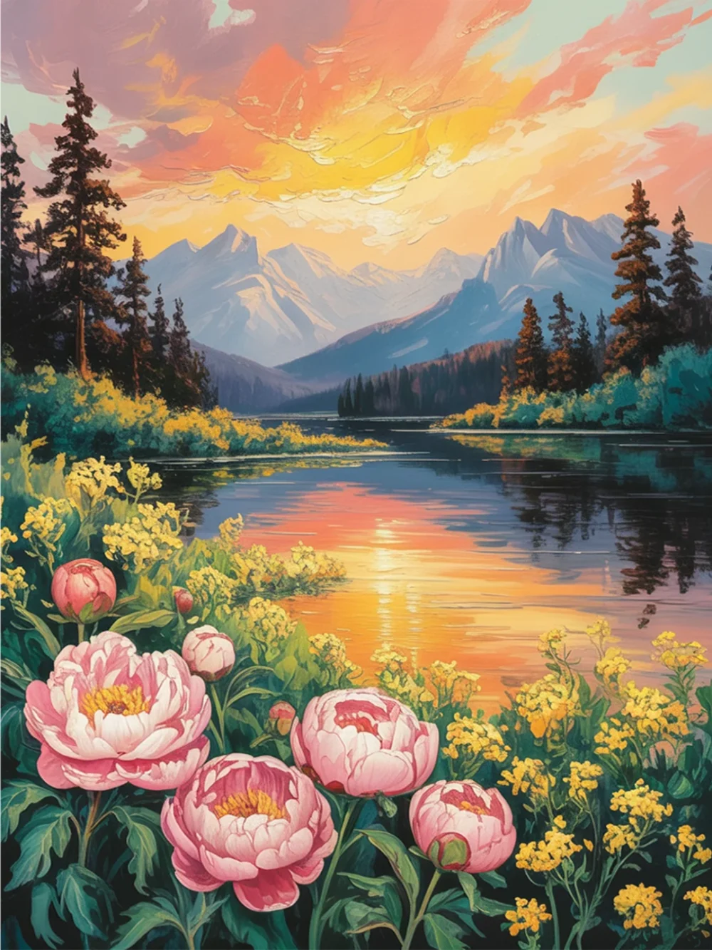 Pintar por Números - Paisaje de lago con flores silvestres de montaña, foto 2