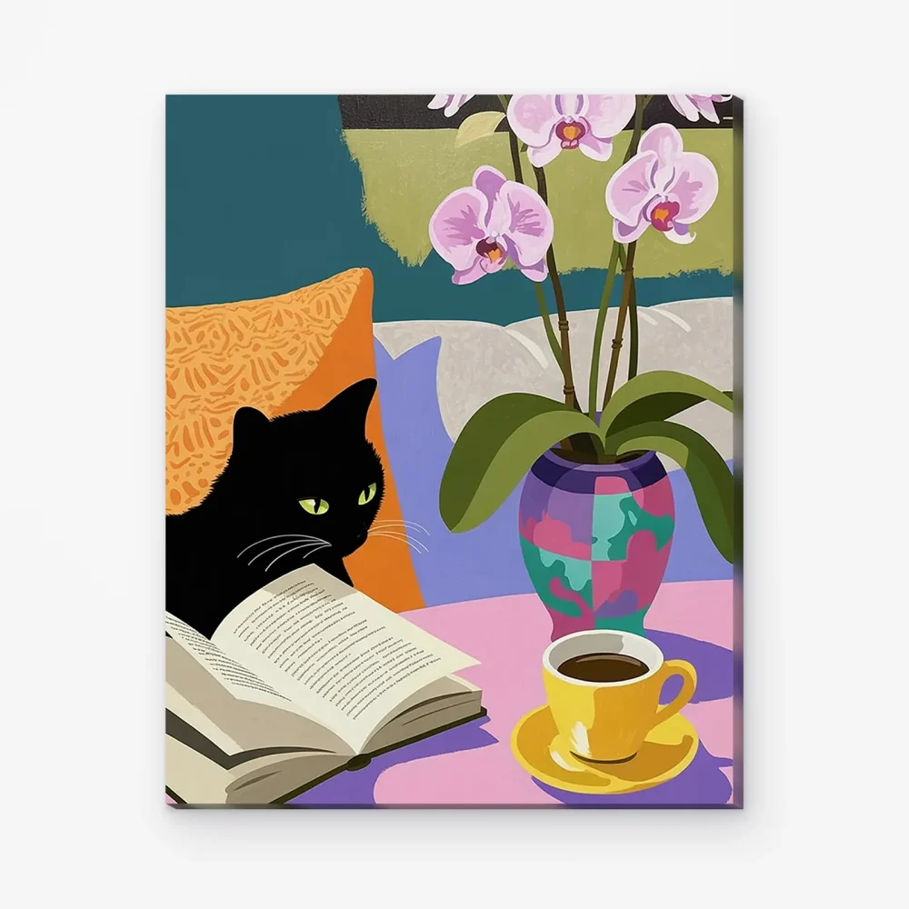 Pintar por Números - Acogedor gato negro leyendo un libro