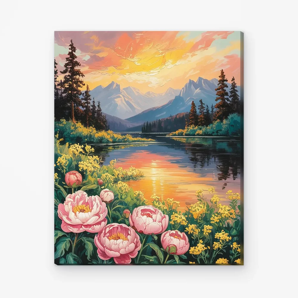 Pintar por Números - Paisaje de lago con flores silvestres de montaña