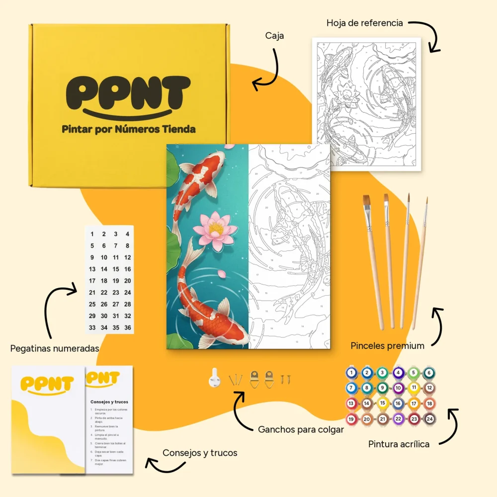 Pintar por Números - Peces koi nadando en un estanque de lotos