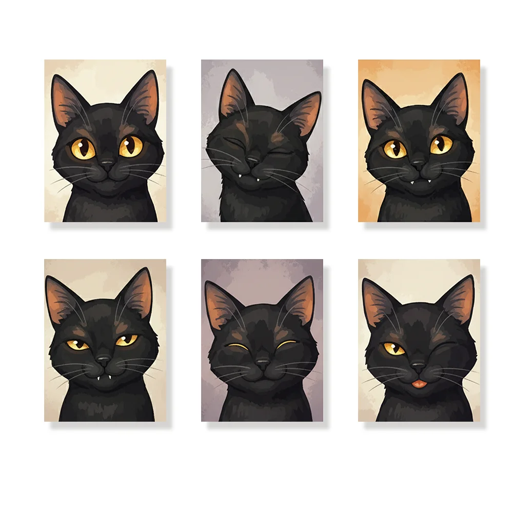 Pintar por números - 6 mini pinturas | Bonita cara de gato negro