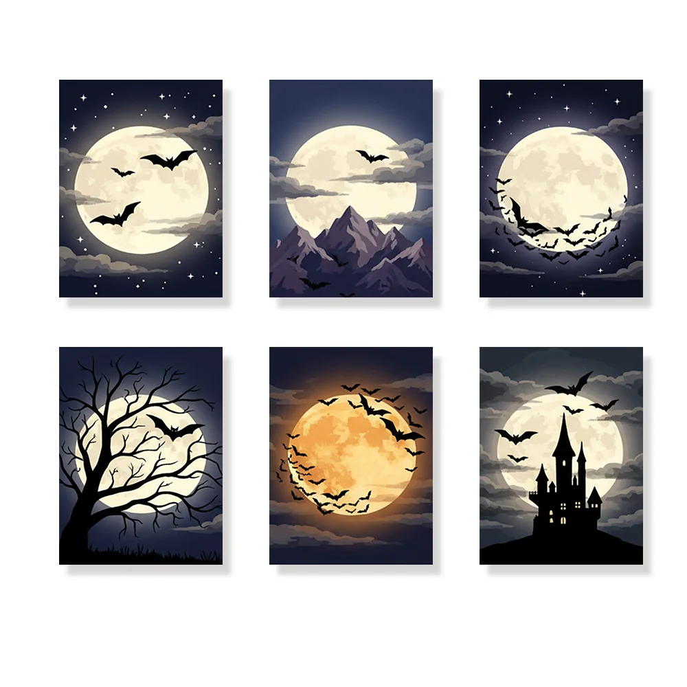 Pintar por números - 6 mini pinturas | Luna llena con murciélagos