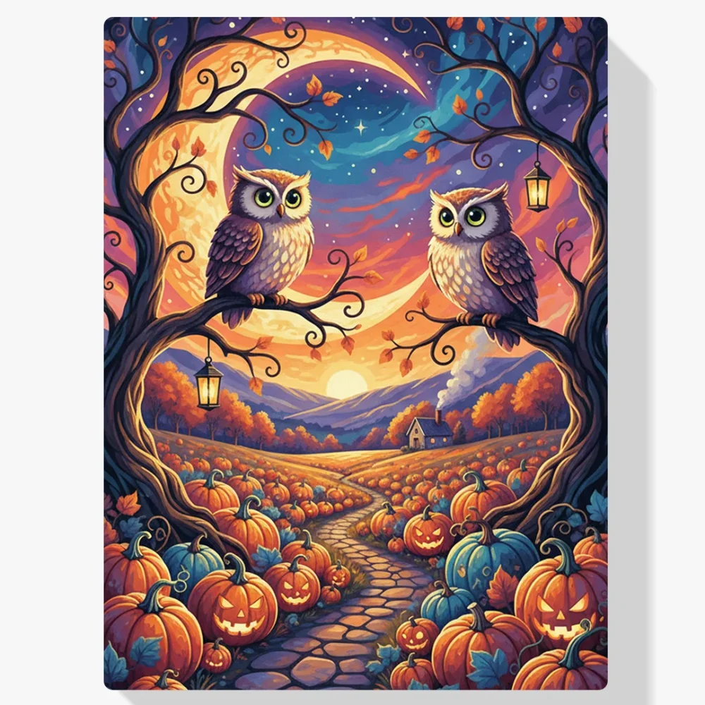 Pintar por Números - Búhos en el huerto de calabazas