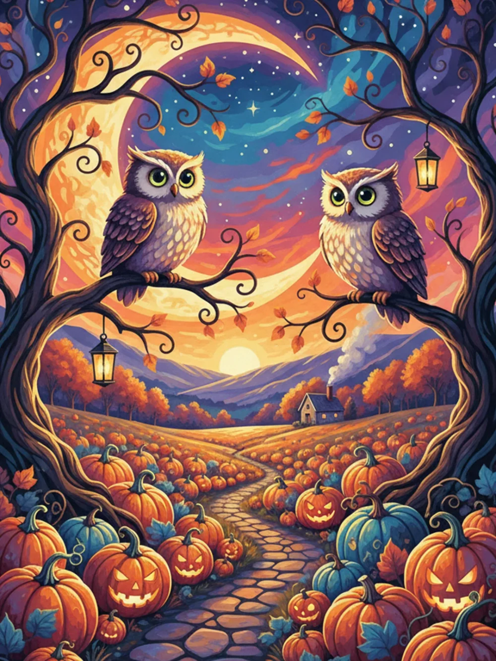 Pintar por Números - Búhos en el huerto de calabazas, foto 2