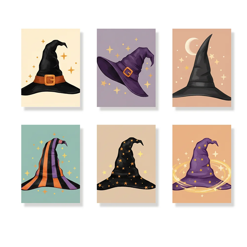 Pintar por números - 6 mini pinturas | Sombrero de bruja y estrellas