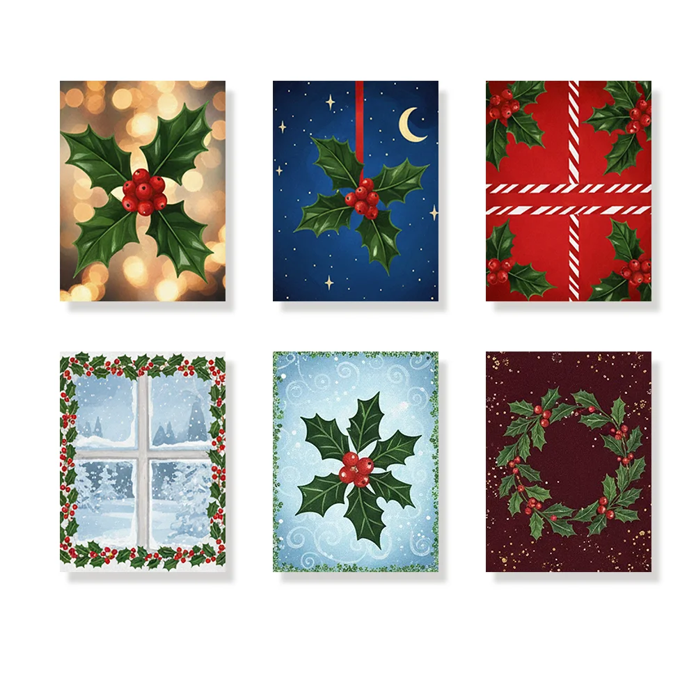 Pintar por números - 6 mini pinturas | Hojas y bayas pequeñas de acebo