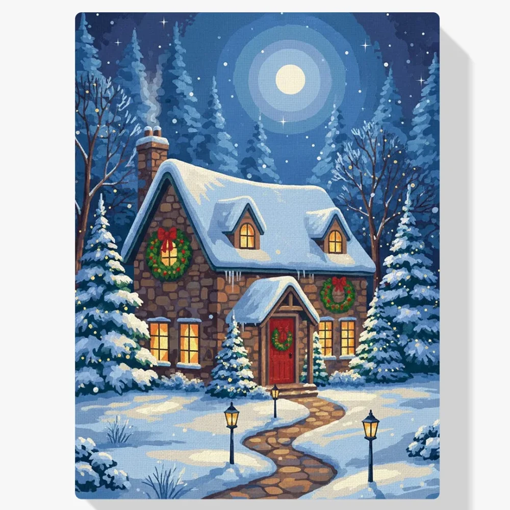 Pintar por Números - Cabaña invernal con coronas navideñas