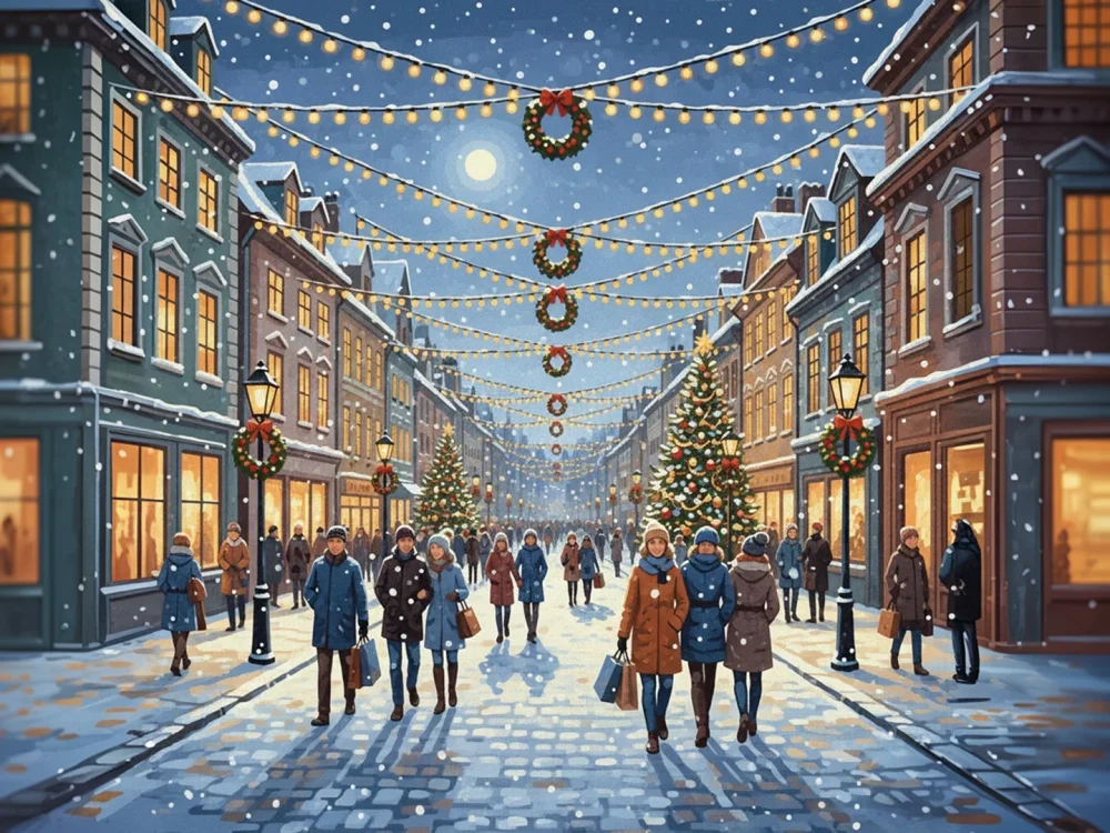 Pintar por Números - Calle festiva con luces navideñas colgantes, foto 2