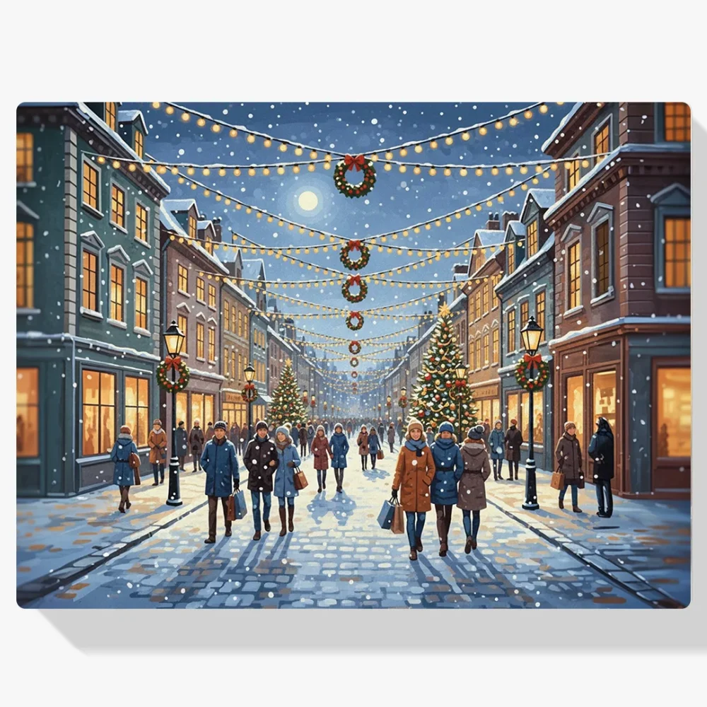 Pintar por Números - Calle festiva con luces navideñas colgantes