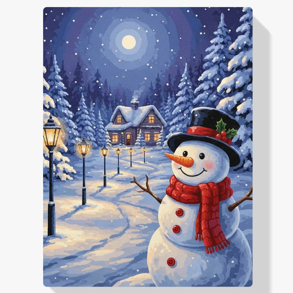 Pintar por Números - Muñeco de nieve junto al camino de faroles