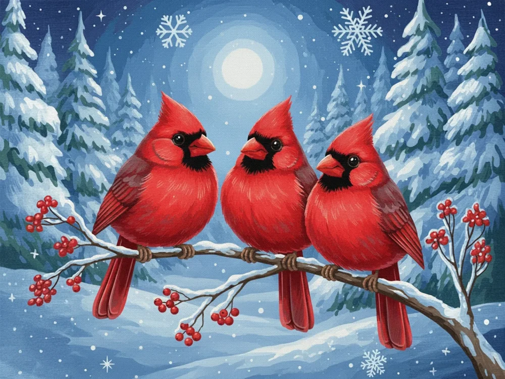 Pintar por Números - Pájaros cardenales en una rama escarchada, foto 2