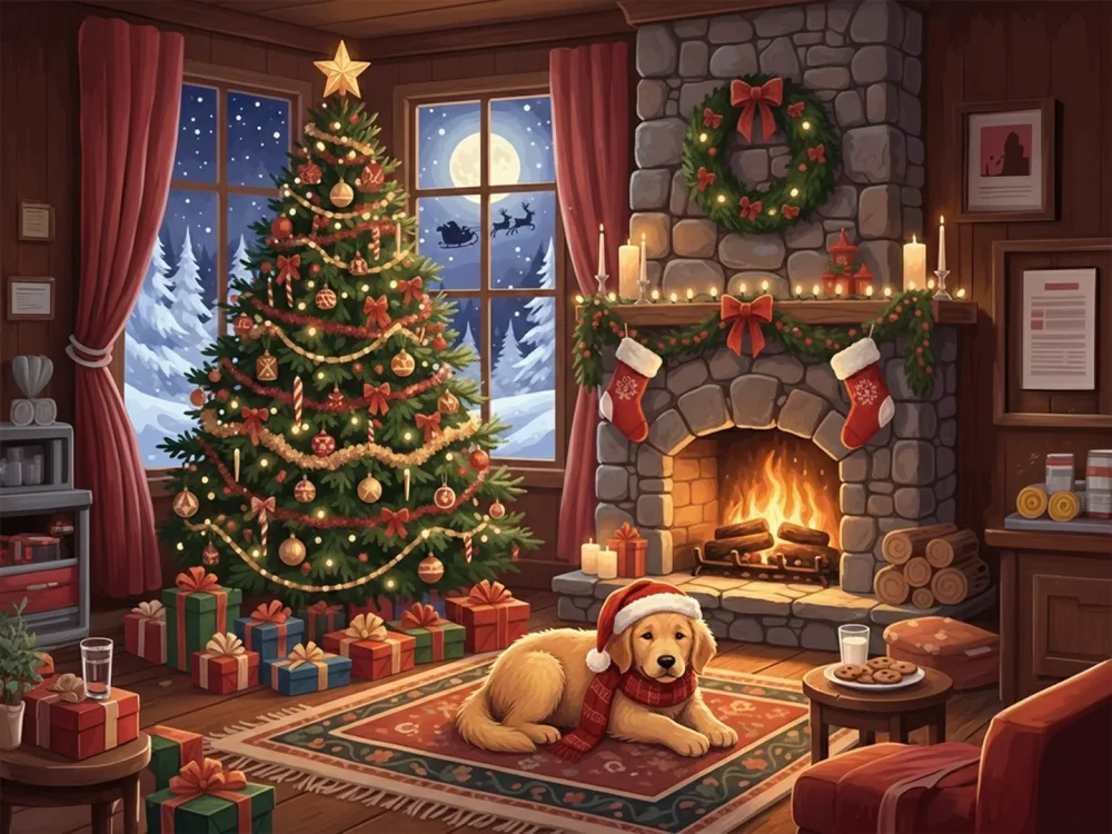 Pintar por Números - Perro esperando a Papá Noel junto a la chimenea, foto 2