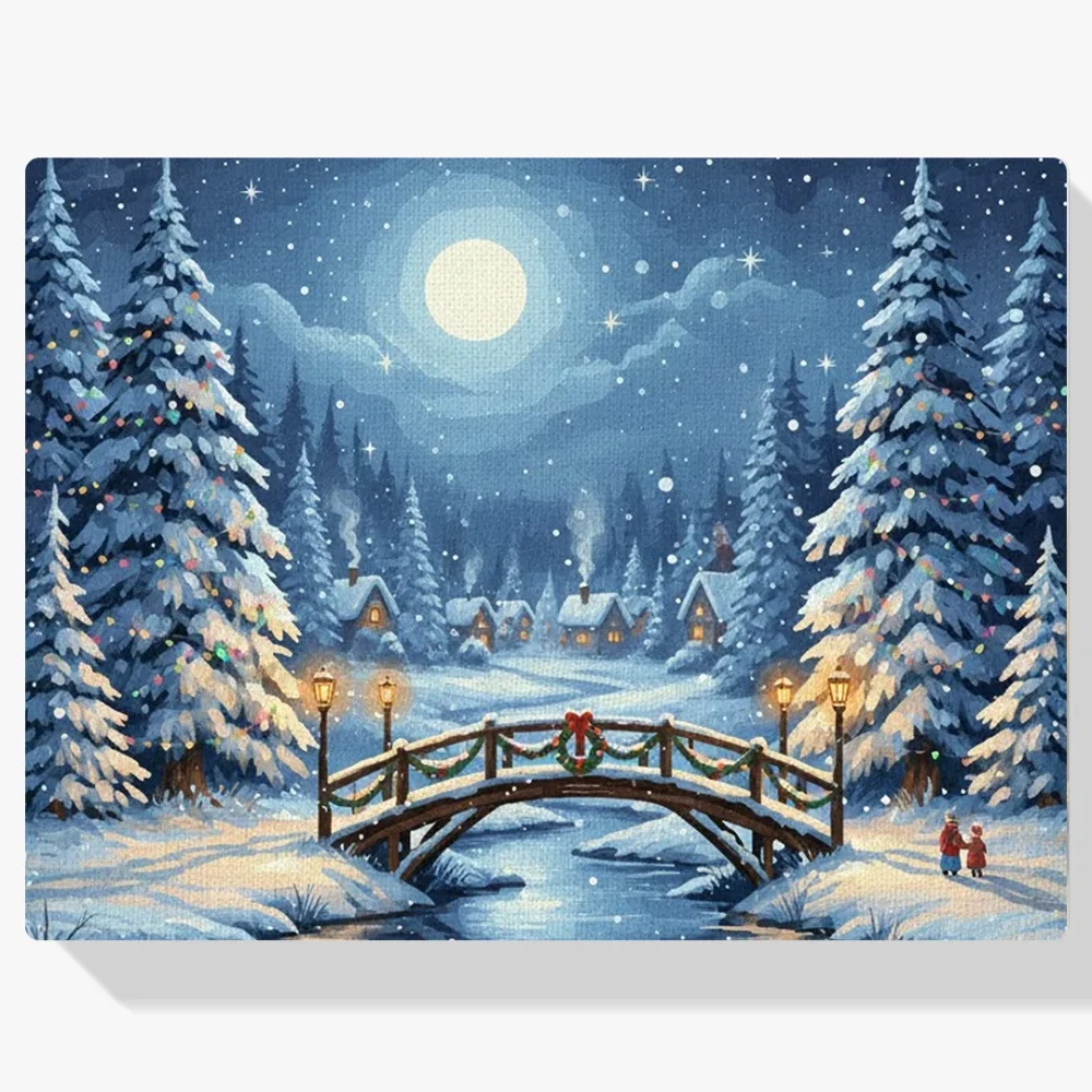 Pintar por Números - Puente nevado con faroles navideños