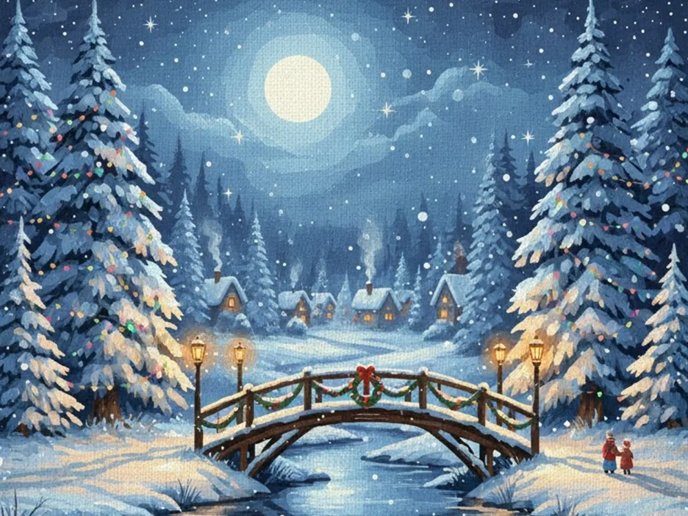 Pintar por Números - Puente nevado con faroles navideños, foto 2