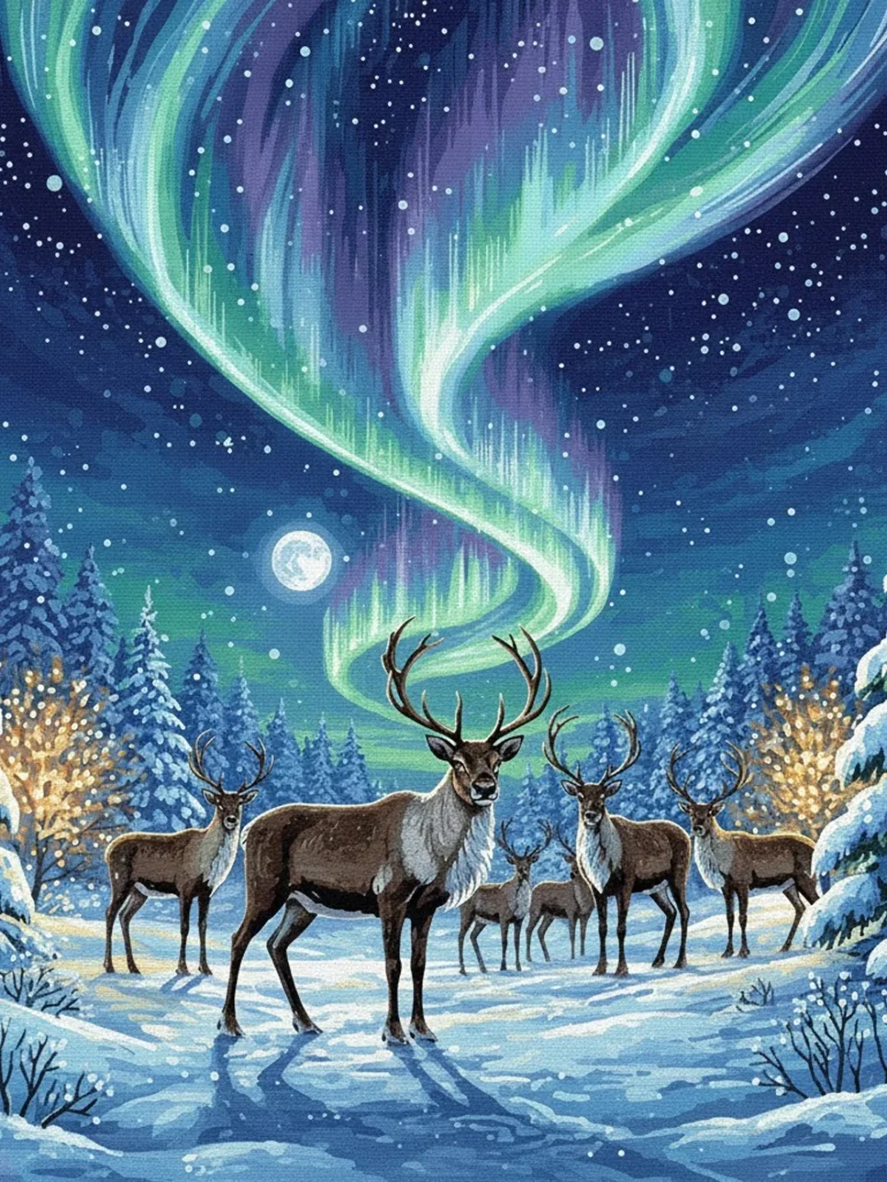 Pintar por Números - Renos bajo la aurora boreal, foto 2
