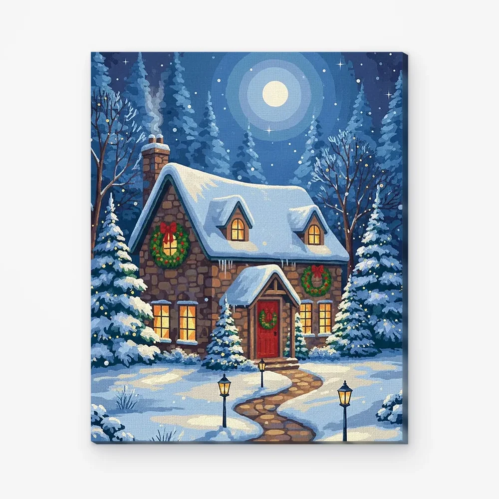 Pintar por Números - Cabaña invernal con coronas navideñas