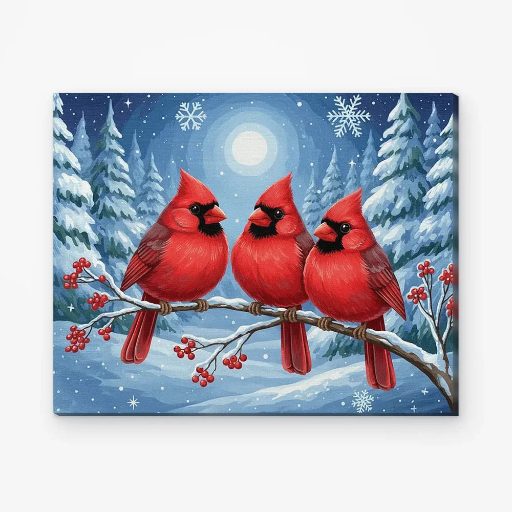 Pintar por Números - Pájaros cardenales en una rama escarchada