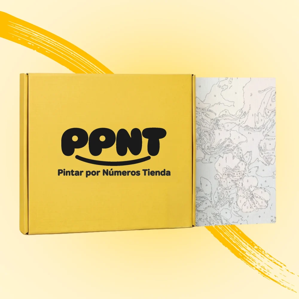 Caja amarilla de Pintar por números tienda con el lienzo numerado