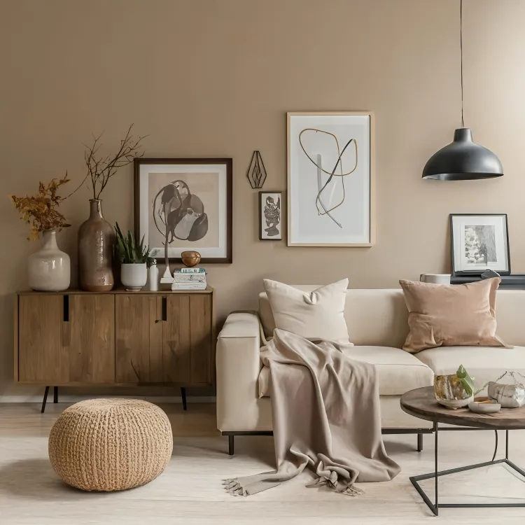 Moodboard de interiorismo que combina el taupe con rosa suave, azul claro y crema en una paleta armoniosa