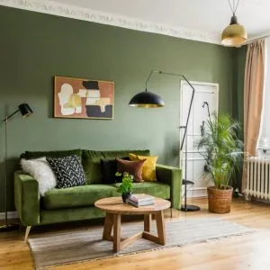 Salón decorado en verde, negro y dorado