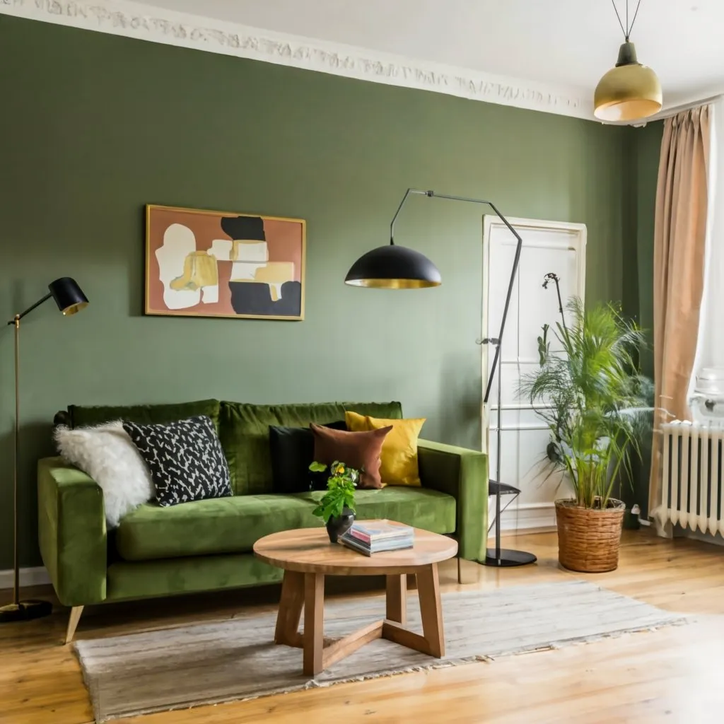 Salón decorado en verde, negro y dorado