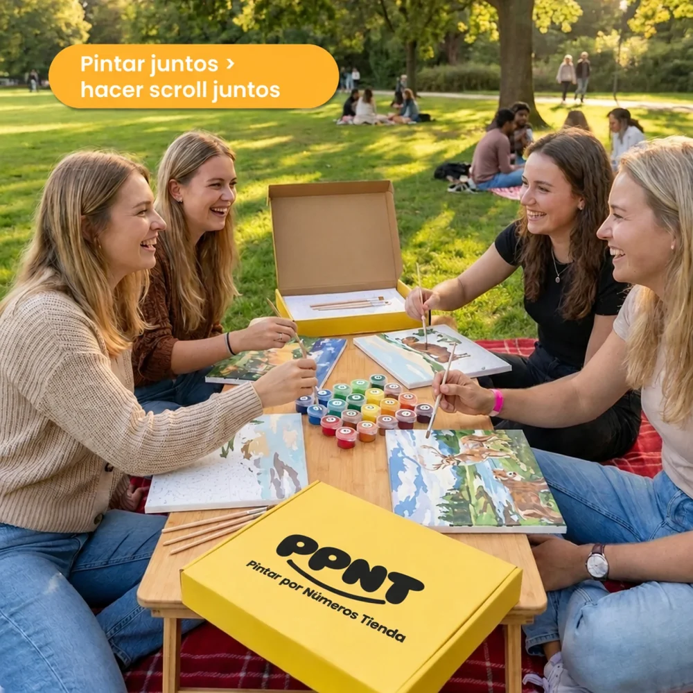 Cuatro amigas pintando juntas su cuadro por números en un parque