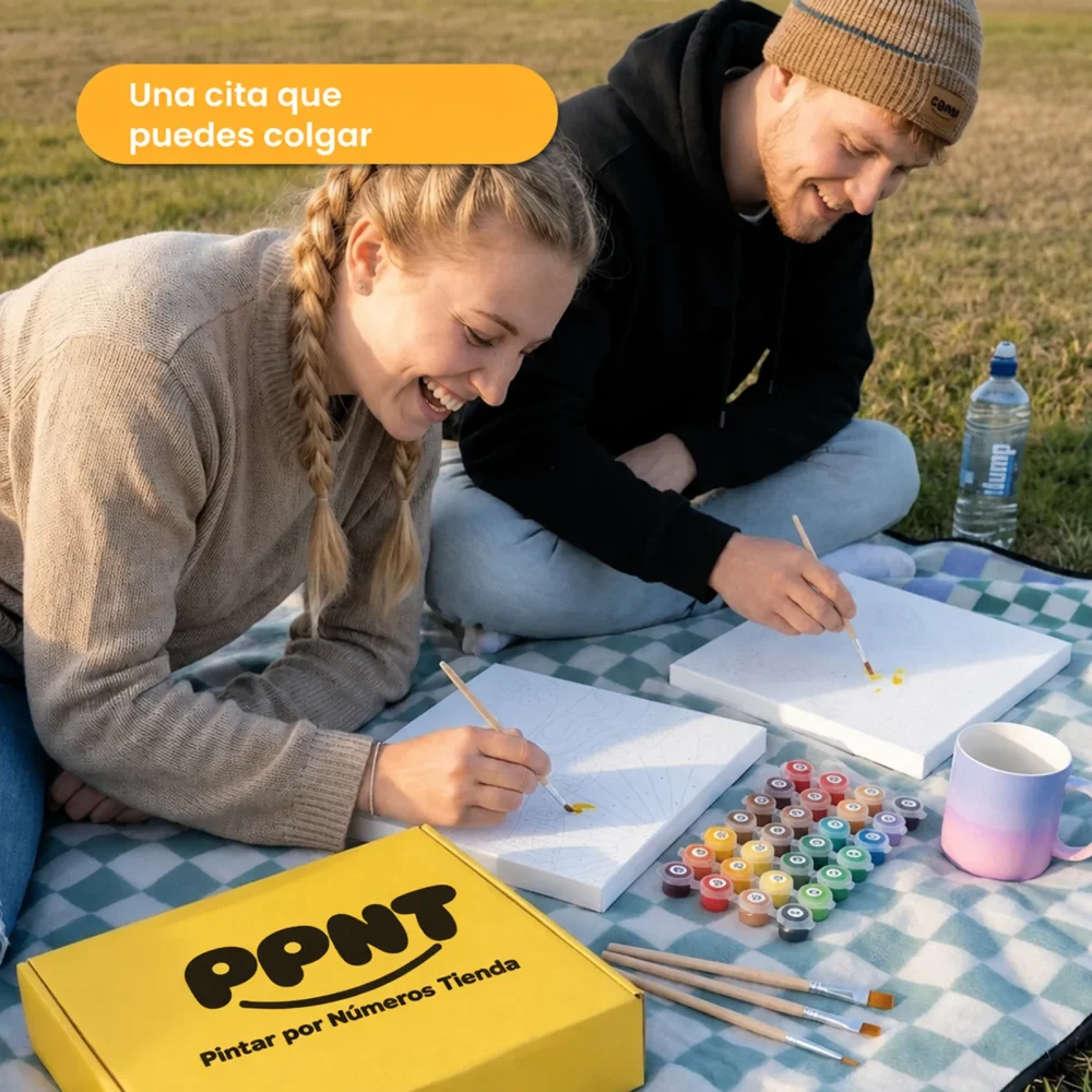 Pareja pintando su cuadro por números personalizado al aire libre