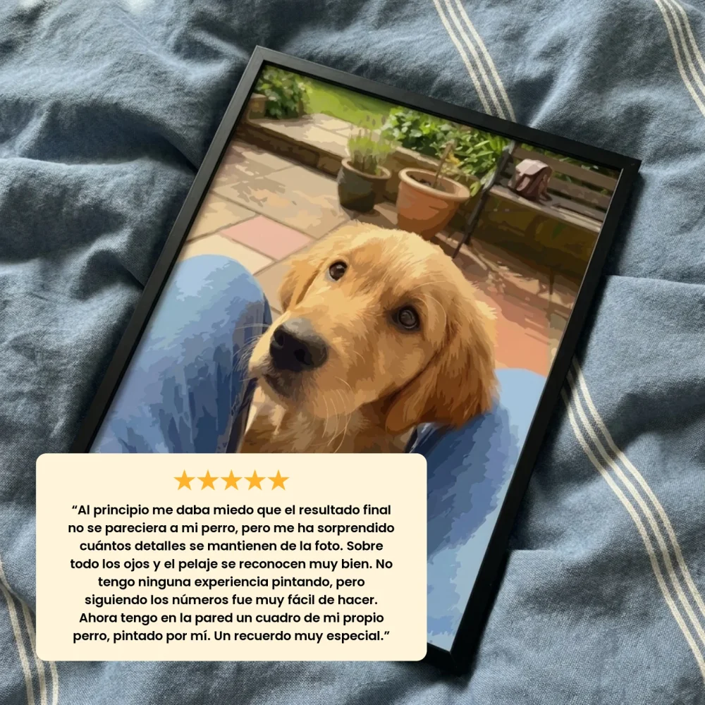 Cuadro por números personalizado de un perro con una opinión de cliente