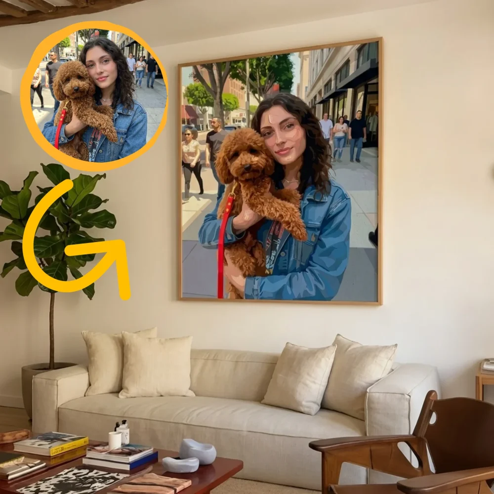 Cuadro por números personalizado de una mujer con su perro colgado en el salón